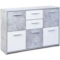 bahut en béton avec 5 portes et 2 tiroirs coloris gris clair et blanc - dim : l 115 x p 30 x h 77 cm
