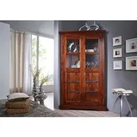 armoire d'angle avec vitrine - bois massif d'acacia laqué (nougat) - style colonial - oxford #410