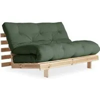 canapé convertible futon roots pin naturel coloris vert olive couchage 140*200 cm
