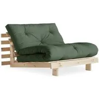 fauteuil convertible futon racines pin naturel coloris vert olive couchage 90 x 200 cm. vert tissu inside75