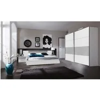 ensemble chambre adulte lit futon avec éclairage en blanc, rechampis teinte béton gris clair - 160 x 200 cm