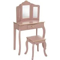 coiffeuse avec tabouret pour enfant en bois - pegane - rose antique - 1 tiroir - 3 miroirs