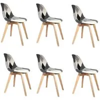 chaises - lot de 6 chaises patchwork noir et blanc | h 85 x p 54 x l 46,50 cm | pieds en bois brut | design scandinave