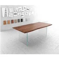 table live-edge en bois massif acacia brun 200x100 plateau 3,5 cm pieds en verre table d'arbre