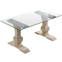 table à manger rectangulaire en verre trempé avec pieds en bois de chêne sculpté - longueur 160 x profondeur 90 x hauteur 76 cm