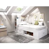 lit avec tête de lit rangements et tiroir - 90 x 190 cm - blanc + sommier - leandre