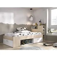 lit avec tête de lit rangements et tiroir - 90 x 190 cm - blanc et naturel + sommier - leandre