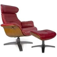 fauteuil et pouf relax manuel - cuir et chêne naturel - vega - cuir rouge
