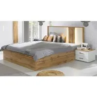price factory - lit adulte design wood avec deux chevets + led dans la tête de lit. sommier inclus. couchage 160x200 cm