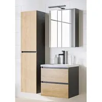 ensembles salle de bain - ensemble meuble vasque + armoire miroir + grande armoire - 60 cm - monako grey oak beige