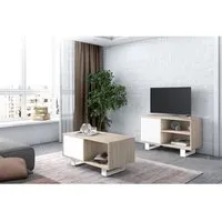 set wind, ensemble de meubles composé par 1 meuble tv100 et 1 table basse, couleur chêne/blanc, pieds blancs, rf1128