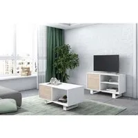 set wind, ensemble de meubles composé par 1 meuble tv100 et 1 table basse, blanc/chêne, pieds blancs, rf1126