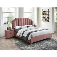 lits - lit double en velours avec un sommier - rose - pieds en métal doré - l 200 cm x l 160 cm