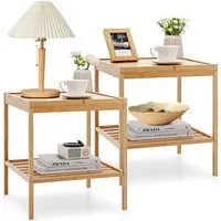 tables de chevet - costway - bambou - 2 niveaux - style naturel