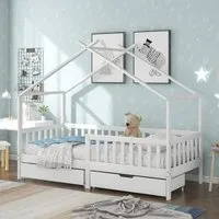 lit cabane enfant avec deux tiroirs- bois massif - avec clôture et sommier à lattes -200x90cm