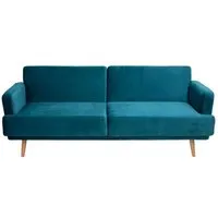 banquette 3 places,canapé-lit en tissu bleu canard avec pieds en bois de hêtre - longueur 214 x profondeur 26 x hauteur 115 cm