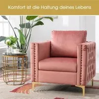 dripex fauteuil rose moderne en velours,fauteuil individuel avec pieds métalliques dorés,fauteuil relaxation avec coussin pour salon