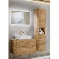 ensembles salle de bain - ensemble meuble vasque à poser + grande armoire + miroir led - 80 cm - aruba craft beige