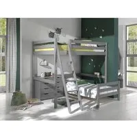 vipack - lit mezzanine pino 140x200cm gris + lit simple + commode
