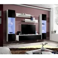 meuble tv mural suspendu fly a blanc et noir - price factory - 3 portes - led - 260x190x40cm