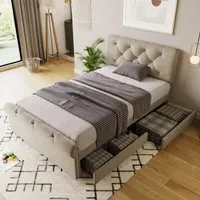 hongya lit simple 90x200 cm sommier inclus avec 2 tiroirs rangement tête de lit réglable en hauteur-style contemporain-beige
