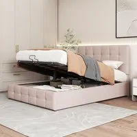 merax lit coffre double 140x200cm en velours beige avec espace de rangement, tête de lit réglable, cadre en métal, scandinave