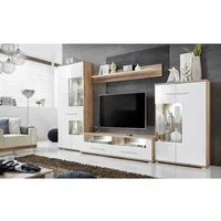 meuble tv mural sohalia - blanc/chêne - contemporain/design - led inclus - 160x194x40 cm