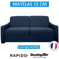 naos canapé rapido convertible 3 places bleu nuit matelas dunlopillo 140cm