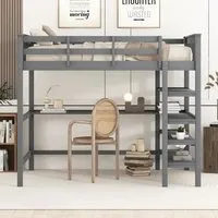 lit mezzanine combiné 140 x 200cm avec bureau et étagères, bois massif, sommier inclus, gris