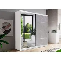 armoire de chambre avec 2 portes coulissantes 1 porte avec miroir penderie (tringle) avec étagères (lxhxp): 183x218x61 beton (blan