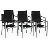 lot de 6 chaises de jardin en aluminium gris et textilène noir - happy garden - contemporain - empilables