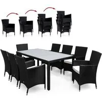 deuba salon de jardin 17 pièces en polyrotin noir - 8 chaises empilables 1 table avec plateau en verre - 8 coussins beige…