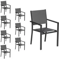 lot de 8 chaises de jardin en aluminium anthracite et textilène gris - happy garden