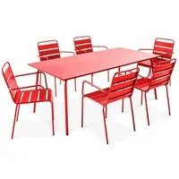 ensemble table et 6 fauteuils de jardin en acier oviala - palavas rouge - 180 x 90 x 72 cm