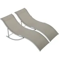 outsunny lot de 2 bains de soleil pliables design contemporain - lot de 2 transats ergonomiques - alu. textilène gris clair