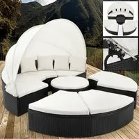 deuba | canapé • ensemble ovale en polyrotin noir avec coussins • 230 cm avec pare-soleil | bain de soleil, salon de jardin, lounge