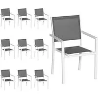 lot de 10 chaises de jardin en aluminium blanc happy garden - empilables - textilène gris - 56,5x60x90cm