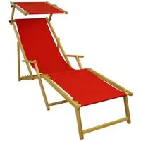 chaise longue de jardin rouge pliante, repose-pieds, pare-soleil, bois naturel 10-308nfs