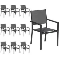lot de 10 chaises de jardin en aluminium anthracite - textilène gris happy garden