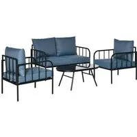 ensemble salon de jardin 4 places style néo-rétro - outsunny - métal époxy noir polyester bleu