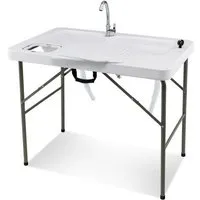 costway table de camping pliante avec 2 éviers robinet rotatif à 360° pour nettoyage de poisson en acier&hdpe charge 150kg blanc
