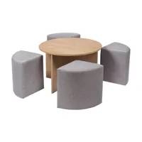 table basse ronde circus coloris chêne + 4 poufs gris