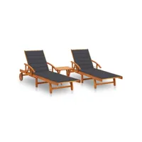 lot de 2 transats chaise longue bain de soleil lit de jardin terrasse meuble d'extérieur avec table et coussins acacia solide helloshop26 02_0012121
