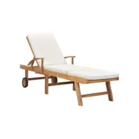 transat chaise longue bain de soleil lit de jardin terrasse meuble d'extérieur 195 cm avec coussin bois de teck solide crème helloshop26 02_0012429