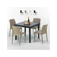 table carrée noire 90x90cm avec 4 chaises colorées grand soleil set extérieur bar café boheme passion grand soleil
