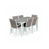 salon de jardin table extensible - chicago 210 taupe - table en aluminium 150-210cm avec rallonge et 6 assises en textilène