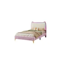 lit capitonné avec tête de lit avec bandes led lit enfant à lattes en bois lit simple velours 90x200 cm