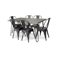 pack table à manger - design industriel 150cm + pack de 6 chaises à manger - design industriel - hairpin stylix noir