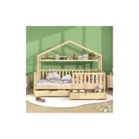 lit enfant en bois avec tiroirs, cadre en bois massif avec sommier à lattes, 90x200 moselota
