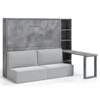 lit escamotable 140x200 canapé etagere bureau prolok-avec matelas-canapé gris clair-avec étagère-structure et façade gris ciment-avec bureau